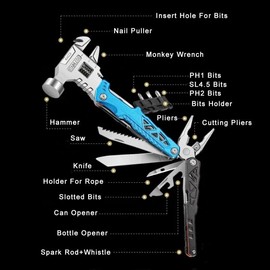 MALOM 18-in-1 Upgraded adjustable Hammer, Stainless Steel multitool Pliers with Replaceable Tungsten Wire Cutters, Bottle Opener, Nylon Sheath, Ideal for Camping, Survival, Hunting (Blue)