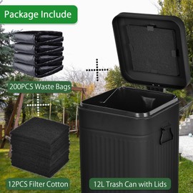 Umtiti Dog Poop Trash Can with Lid for Outdoors，3.2 Gallon Trash Can with Activated Carbon Filter & Plastic Bags, Pet Waste Container，UP12L-BK-F+200BK