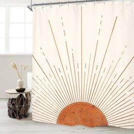 Miyotaa Rust Sun Abstract Shower Curtain Set 60Wx71H Inches Minimalist Mid Century Modern Vintage Aesthetic Sunrise Polyester Waterproof Bathroom Curtain with 12 Hooks