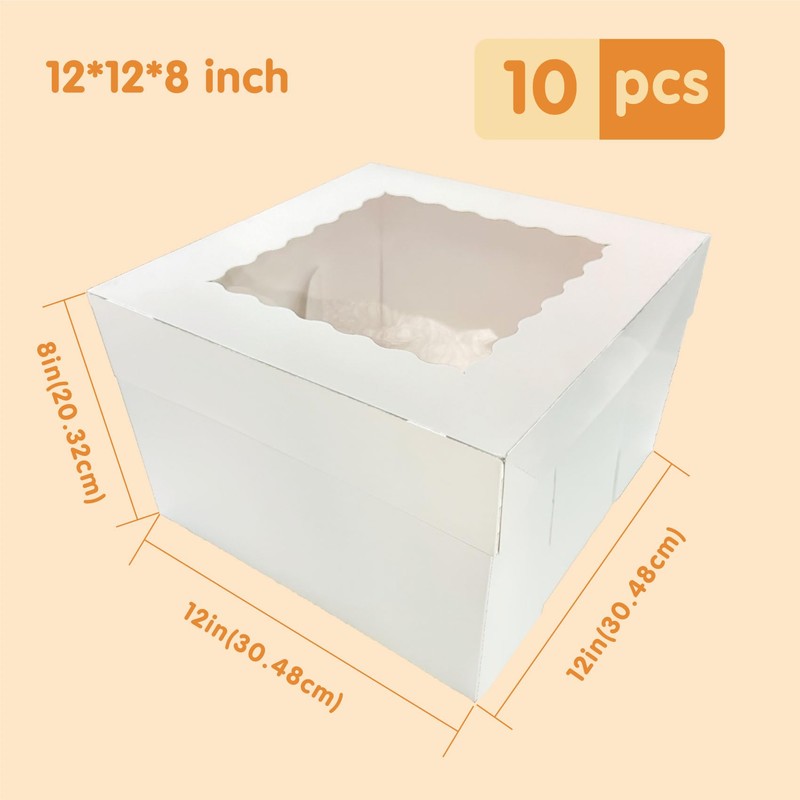 GoldenBakeryFamily 10 Pcs Cake Boxes,12x12x8 Inches White Bakery Boxe with