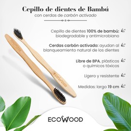 Ecowood Cepillo de Dientes 100% de Bambú Biodegradable con Cerdas de Carbón Activado Elimina Bacterias Promueve una Limpieza Profunda - Paquete de 5 Cepillos Dentales