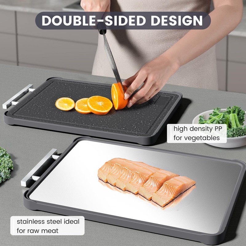 Kikcoin Double Sided Stainless Steel Cutting Boards for Kitchen, Stainless