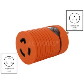 AC WORKS Locking Adapter Household 15Amp 5-15P Plug to Locking 20Amp L5-20R Female Connector (Compact)