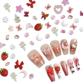 Huotflame Cartoon Nagel Charms 50 Stück - Rote Schleife Herz Kamelien Blume Harz Nagel Deko - Liebevolle 3D Nailart für Nägel DIY Nageldesign, Charms Nägel Accessoires