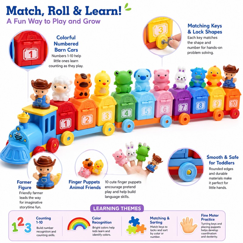 Montessori-Inspired Farm Train Toy for Toddlers – Counting, Matching &