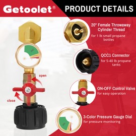 Getoolet Propane Refill Adapter for 1 lb. Tanks, Propane Refill Elbow Adapter with Valve and Gauge, Propane Adapter 20lb to 1lb Converter with 4 Caps for 1 Pound Propane Bottles