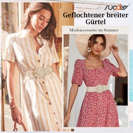 SUOSDEY Rattan Braid Belt for Women Wide Waist Belt Dress Woven Boho Belt with Semicircular Buckle, 2. Beige