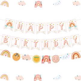 Fangleland Bohemian Rainbow Happy Birthday Banner for Girls, Bohemian Party Decoration for 1st 2nd 3rd Birthday