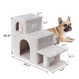 Veehoo Dog Stairs for Small Dogs to Get on Bed, 3 Steps Pet Step with Condo Cave for Cats Doggy, Stable Indoor Dog Ramp Ladder with Fluffy Surface for Couch, Load up to 100 lbs, Light Gray