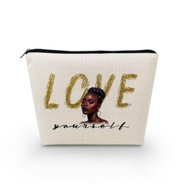 Livel lhood African American Makeup Bag Cute Small Canvas Organizer Zipper Pouch Love Yourself Cosmetic Bag Inspirational Birthday Present for Black Women Friends, asnt0748, Small