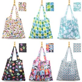MRYUWB 6 Pcs Set Reusable Grocery Bags, Foldable Shopping Bags, Large Groceries Bags with Pouch Bulk, Ripstop, Easy Carrying，Waterproof, Eco-Friendly, Machine Washable Nylon Tote Bag (Lovely Animals)