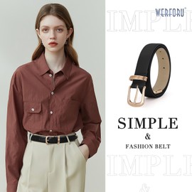 WERFORU Women's Leather Belt with Gold Buckle Ladies Fashion Faux Leather Waist Belt for Jeans Pants Dresses Black