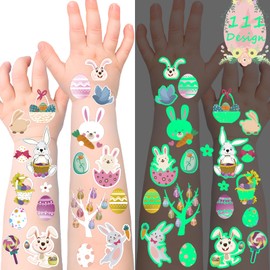 Easter Temporary Tattoos for Kids - 111 Styles Glow in the Dark Fake Tattoo Luminous Stickers Easter Eggs Rabbits Bunny Easter Basket Stuffers Goodie Bag Fillers Party Decorations Favors Supplies Gift