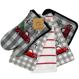 Holiday Christmas Kitchen Towels Pot Holder Set: Bring Home The Tree Red Truck Cotton Towels Print, Pot Holder Oven Glove Has Embellished Jacquard Weave