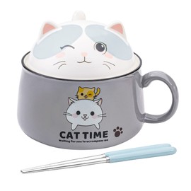 Tsreinh Ramen Bowl Set with Chopsticks, Cute Cat Instant Ramen Noodle Bowls with Lid, 34.5 OZ Extra Large Ceramic Soup Bowls with Handle, Japanese Ramen Cooker, Microwave safe (Gray)