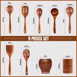 Renexas 9 Pcs Teak Wooden Spoons for Cooking– Non-Toxic, Non-Stick Kitchen Utensils Set Wood Spatulas with Hooks, Spoon Rest & Holder – Lightweight, Heat Resistant, Eco-Friendly.