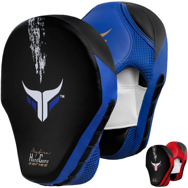 Curved Focus Pads, Hook & Jab Mitts, Boxing Training Pads Made with Genuine Cowhide Leather. (Blue Black)