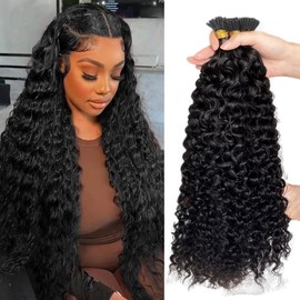 Water Wave I Tip Pre Bonded Human Hair Extensions Wet and Wavy Tip Italian Keratin Fushion Hairpiece for Women 100 Strands Per Package Curly I Tips Hair Extension 50g 18in