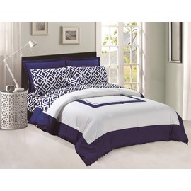 Legacy Decor 8 pcs Comforter Flat & Fitted Sheets Set Soft Brushed Microfiber Down Alternative Navy Blue and White King Size
