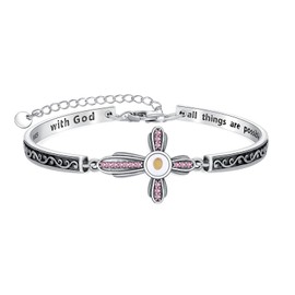 AOBOCO Mustard Seed Cross Bracelet with Pink Birthstone Sterling Silver With God All Things are Possible Bangle Christian Faith Religious Jewelry Gift for Women(October)