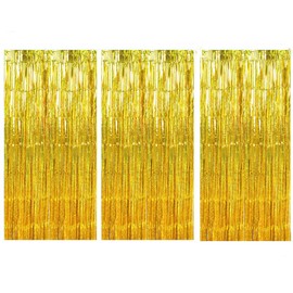 CHUANGOU Pack of 3 curtains decoration, packs of tinsel curtain, for photo background, wedding, birthday party, door window, Christmas, graduation decorations (gold).