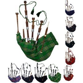 AAR Scottish Full Size Bagpipe Rosewood or Black Finish with Silver Plain Mounts Free Tutor Book, Carrying Bag, Drone, Reeds (Brown,National Green)