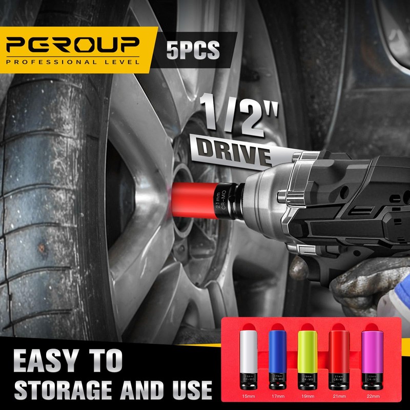 PGROUP 5PCS 1/2" Drive Wheel Protector Impact Socket, Metric(15 17