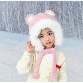 OhMill Kids Fluffy Lovely Bear Ears Winter Hat Fleece Padded Hat Super Warm Thermal Hat Thicker Trooper Trapper Hat Cap for Girls Boys 5-12 Y, Pink