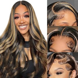 QNQZ 24 Inch Highlight Balayage Wig Human Hair 13x6 HD Lace Front Wigs Body Wave 1b/27 Blonde Omber Lace Front Wigs Human Hair Pre Plucked for Black Women 220% Density