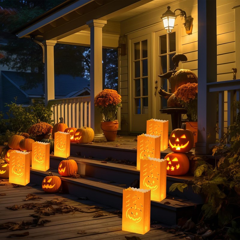 Honoson 24 Pcs Halloween Luminary Bags Fire-Retardant Material Pumpkin Orange