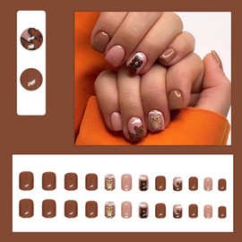 24 Pcs Brown Press on Nails Short Square - SHANRUN Cute Kawaii Fake Nails Press ons Spring Glossy Nail Tips Full Cover False Nails with Bear Design Glue on Nails Kit Acrylic Set Nail Art DIY for Women