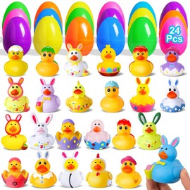 24 Pcs Easter Duck with Egg Shells, Cute Rubber Ducks for Kids, Easter Ducks in Colorful Eggs, Assorted Duck Designs for Easter Egg Hunts, Party Favors, Birthday Gifts, Kids Pool Toys