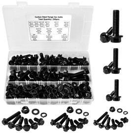 Hakkin 248PCS Flanged Hex Head Bolts, Black Metric Bolt m6 m8 m10 Machine Screw Assortment Kit, M6-1.0 M8-1.25 M10-1.5 Flanged Bolts Screws Nuts Flat Spring Washers, Assorted Screws Nuts and Bolts