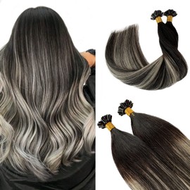 U Tip Hair Extensions Real Human Hair, 12 Inch Balayage Black to Natural Black Mixed Silver Highlights Keratin Tip Extensions Pre Bonded Ombre Silver Utip Extensions for Women