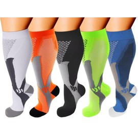 Double Couple 5 Pairs Wide Calf Compression Socks for Men Women Extra Plus Size Knee High Support