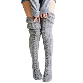 Acrawnni Women's Girls Winter Cable Knit Overknee Socks Thigh High Long Boots Socks Stocking Leg Warmer, B-grey