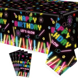 4 Pack Glow Party Table Covers Neon Party Tablecloth 51x86 Inch Glow Party Tablecloth Neon Glow Table Cover Glow in The Dark Birthday Party Table Cloth Black Light Table Cloths Let's Glow Tablecloth