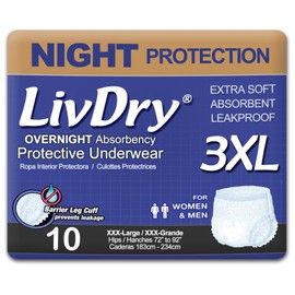 LivDry 3XL Overnight Adult Diapers for Women and Men, XXXL Incontinence Underwear, 72”-92" Waist, Disposable Pull-On Briefs, XXX-Large, 10 Count