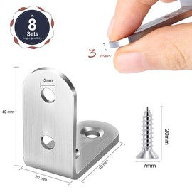 FANDAMEI 8 Sets Corner Brackets(3 mm Thickness ) - 8 Pcs 40x40mm Metal Right Angled Brackets 90 Degree L Shaped Stainless Steel Silver Corner Braces with 32 Pcs M4 Screws for Wooden Chair Table Window