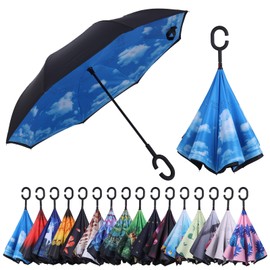 Wxjiahetai Inverted Reverse Umbrella with C-shaped Handle Windproof Upside Down Umbrellas for Rain Double Layer Hands Free Umbrella for Women and Men (High clouds)