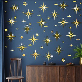 Retro Star Wall Decals Gold Star Wall Decor Removable Golden Acrylic Mirror Wall Sticker Peel and Stick Starburst Wall Decor Sparkle Wall Decals for Living Room Nursery Kids Bedroom Ceiling Decoration