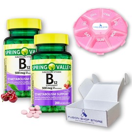 B12 sublingual, Supports Energy Metabolism and Nervous System Health, Spring Valley 500 mg Cherry Flavor 200 ct, Set with Fusion Shop Store Week case (1) (Pack of 2)