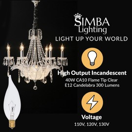 Simba Lighting Candelabra Flame Tip Clear CA10 40W E12 Base (12 Pack) Decorative Incandescent Light Bulbs 120V for Chandeliers, Ceiling Fan Lights, Pendants, Wall Sconces, Dimmable, Warm White 2700K