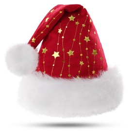KONVINIT Black Santa Hat for Adults,Fluffy Christmas Hat with Gold Stars,Warm Large Xmas Hat for Men and Women,black