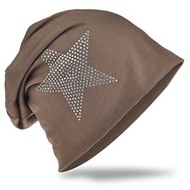 Jersey Slouch Beanie Long Hat Star with Rhinestone Star Appliqué, grey / brown