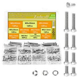 Zmbroll M5 Hex Cap Bolts 275Pcs Metric M5x10/12/16/20/25/30/35/40mm 304 Stainless Steel Screws External Hex Drive Heavy Duty Hexagon Cap Bolts Nuts Flat Lock Washers Assortment Kit