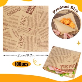 100 Sheets Deli Paper Sheets French Fries Paper for Basket Burger Paper Sandwich Wrap Paper 25 x 25 cm Food Packaging Paper for French Fries Cakes