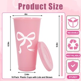 FYSUIMU 16Pcs Bow Plastic Cups Pink White Bowknot Plastic Tumbler Cute Coquette Cold Cup with Straw and Lids for Home Office Party Supplies