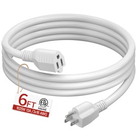 16/3 Short Extension Cord 6 FT, White Extension Cord Flexible & Durable, Indoor 3 Prong Power Cable, Suitable for Home and Office, 13 Amp 1625 Watt 125VAC 16AWG, ETL Listed