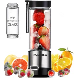 ROSEVIEW Portable Smoothie blender ROSEVIEW Glass bottle USB rechargeable mini Handheld Ice Shakes Cup 2 speed blend juicer Cordless Personal smoothies maker Fruit mixer (Metallic Steel)